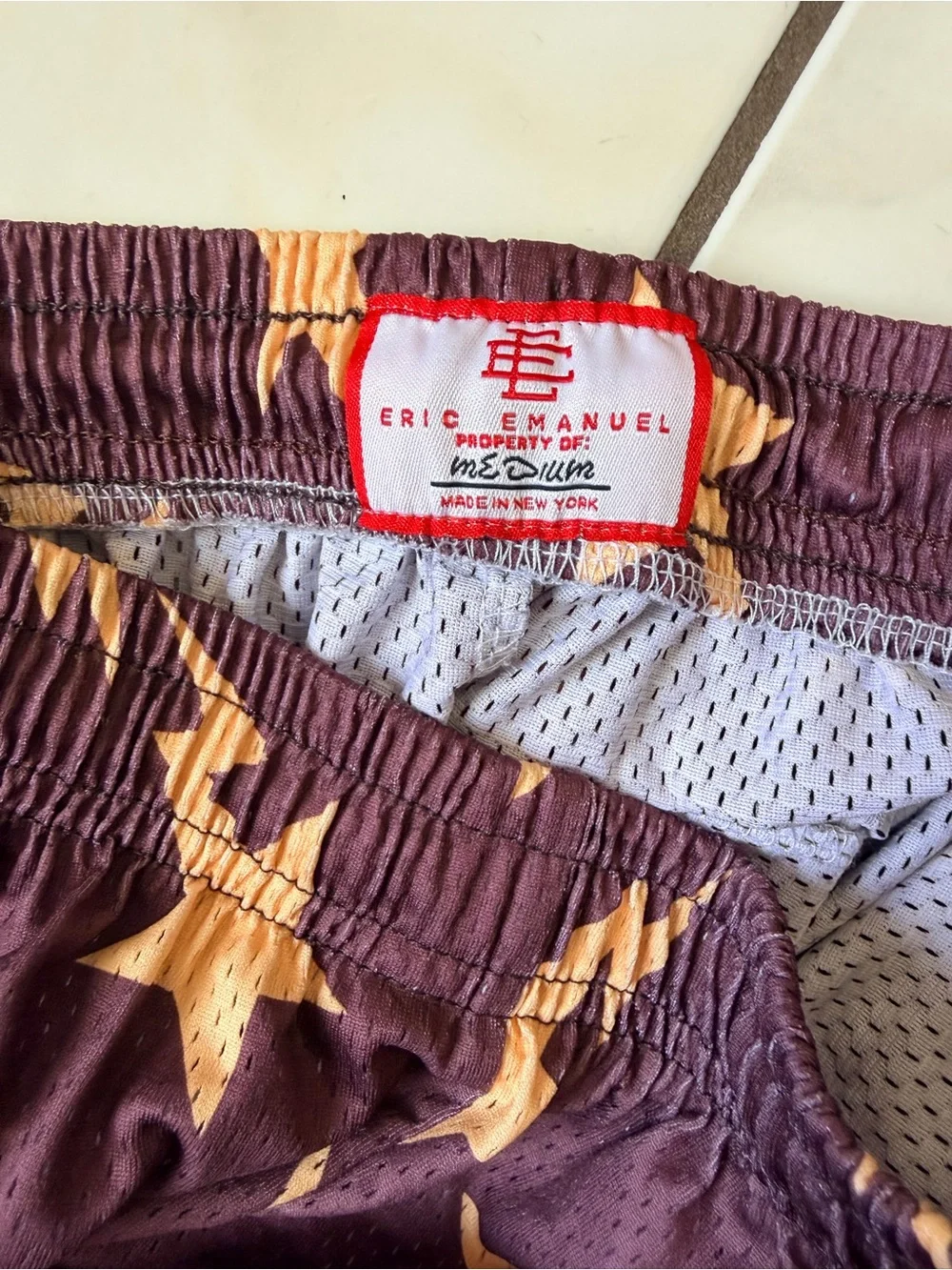 Kids Eric Emanuel Maroon Athletic Shorts with Gold Star & Lightning Pattern
